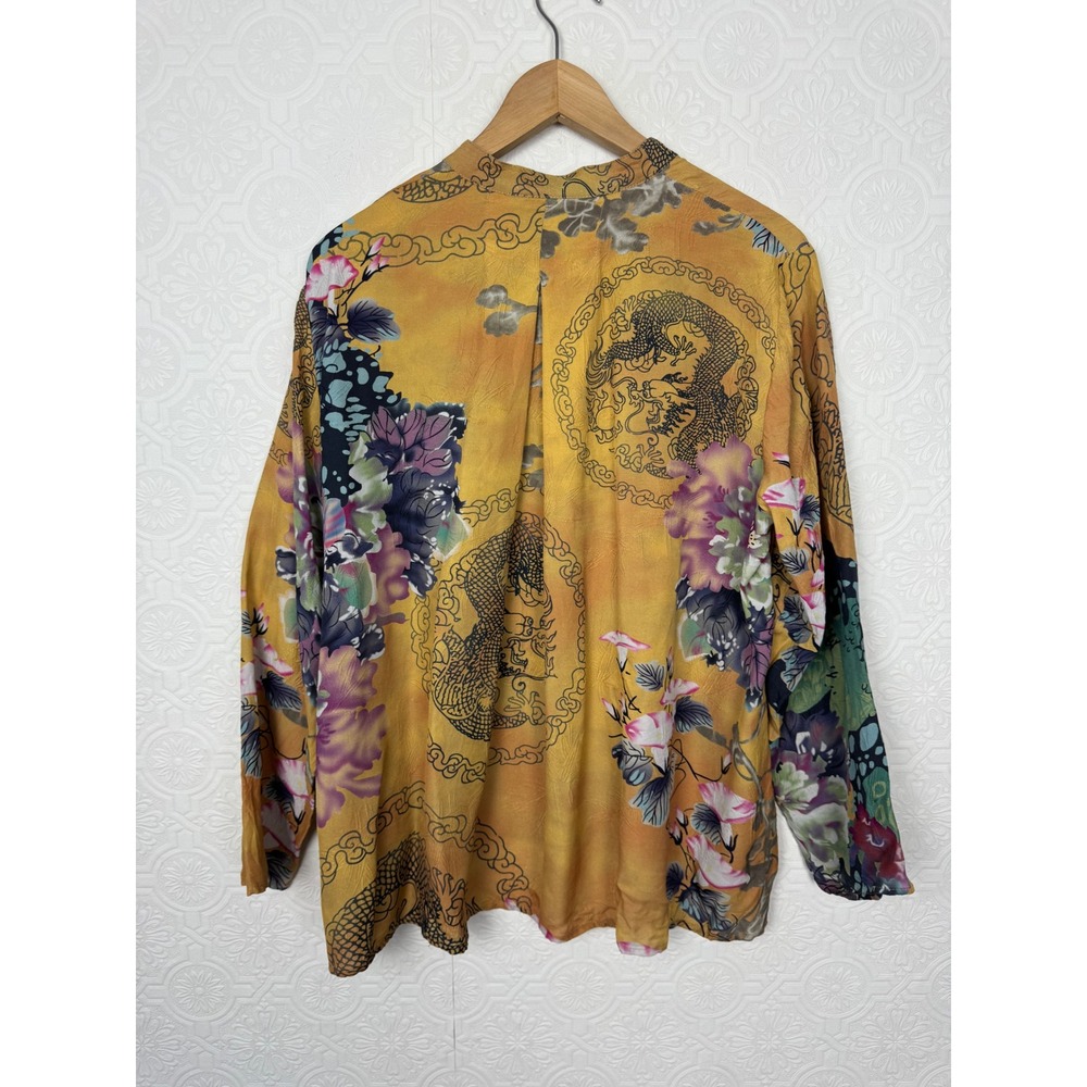 Citron Santa Monica Silk Dragon Floral Blouse Yellow Mandarin Collar Large - Picture 6 of 6